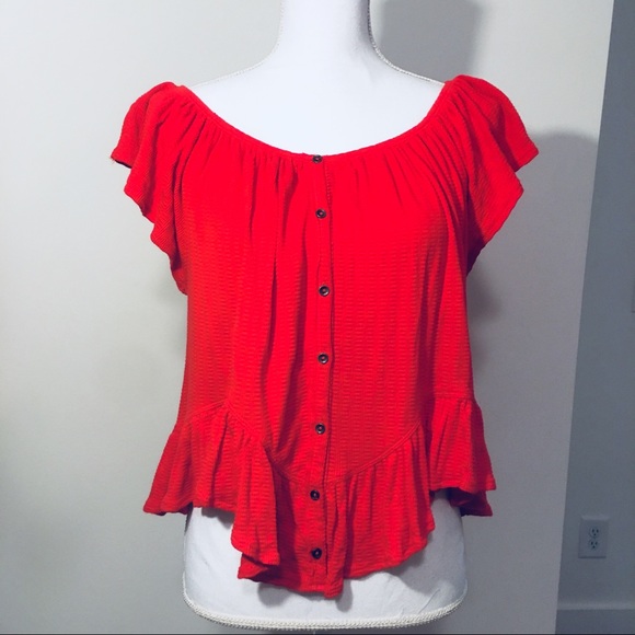NWT Free People Red Ruffle Sleeves Top - Picture 2 of 7